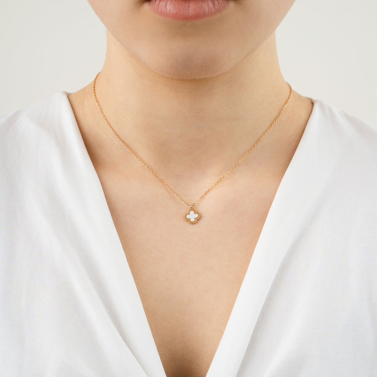 Small White Clover Necklace - gold
