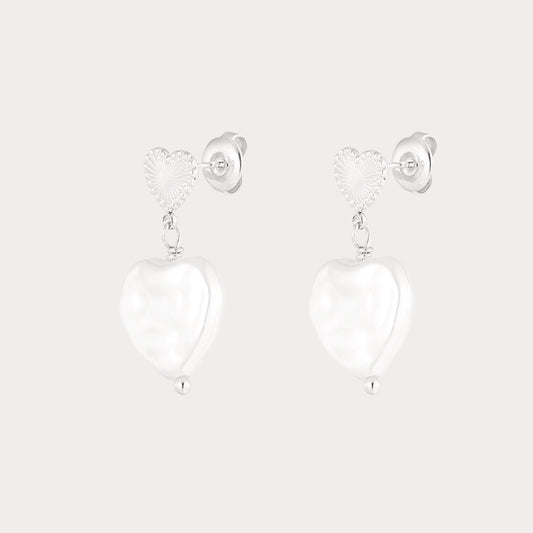 Big Pearl Heart Earrings - silver